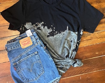 Reverse Tie Dye Bleached T-Shirt Black & Gray Acid Wash Distressed Bleached Shirt Handmade Cotton and Polyester Oversized Grunge Tee Gift.