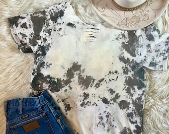 Distressed Cowhide Bleached T-shirt: Western Farm Girl Fashion
