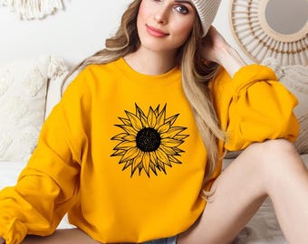 Sudadera de girasol: cuello redondo floral - Top de moda de otoño para mujer