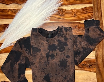 Acid Wash Crewneck Hand Bleached Sweatshirt Distressed Vintage Sweater Black and Brown Shirt Gift Grunge Oversized Tie Dye Shirt