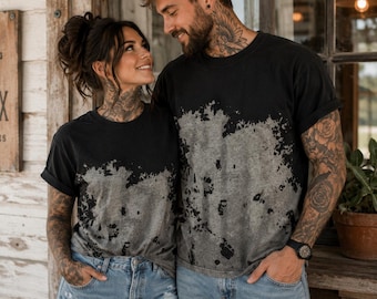 Reverse Tie Dye Bleached T-Shirt Black & Gray Acid Wash Distressed Bleached Shirt Handmade Cotton and Polyester Oversized Grunge Tee Gift.