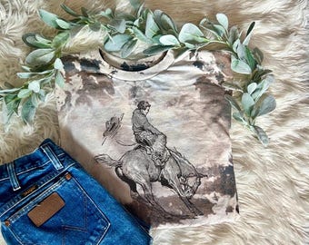 Bucking Horse Cowhide T-Shirt: Reverse Tie-Dye Western Rodeo Tee