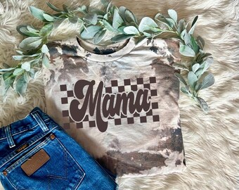 Hand Bleached Checkered Mama Shirt: Retro Cowhide Tee