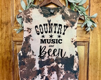 Hand-Bleached Cowhide Fringe Tank Country Music & Beer Shirt Vintage Grunge Shirt Country Western T-Shirt