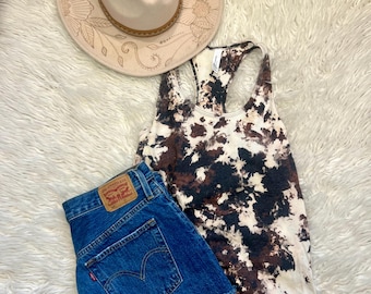 Acid Wash Cow Print Racerback Tank Top Country Western Bleached Shirt Country Western Trendy Cowgirl Cow Print Shirt Vintage Concert Tee