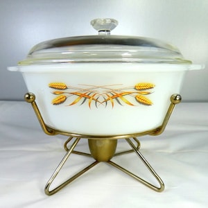 Vintage Fire King Fireking Anchor Hocking Covered Casserole Dish Lid Milk Glass Wheat Metal Warming Stand #468 Retro Kitchen Ovenware