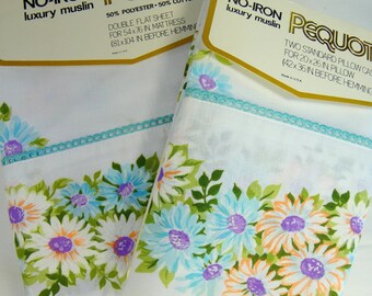 Vintage Sheet Set Bedding Double Flat Pillow Case Unused New Danish Pastel Daisy Flower Floral Sheets Crochet Trim Muslin Cotton Polyester