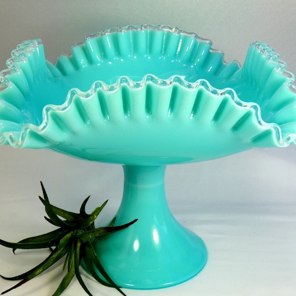 Vintage Fenton Turquoise Pastel Silvercrest Ruffled Double Crimped Milk Glass Square Bowl Compote Footed Pedestal Large Art Glass Dish