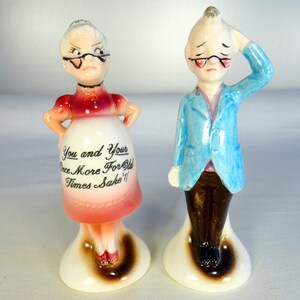 Vintage Salt and Pepper Shakers Enesco Kitchen Kitsch Japan Novelty Collectible Figural Pregnant Couple Man Woman Grandma Grandpa