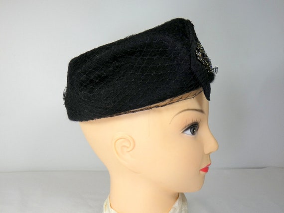 Vintage Ladies Hat 1950s Black Pillbox Hat of Bru… - image 5