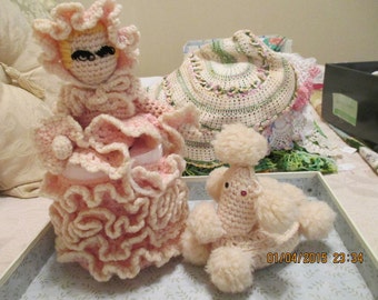Vintage Hand crocheted Toilet Paper cover and Poodle soap cover