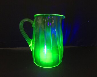 Vintage Uranium Vaseline Green Glass Pitcher ~ Glows under black light