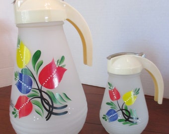 2 Hazel Atlas Frosted Satin Glass Waffle and Syrup Pitchers - Tulip pattern