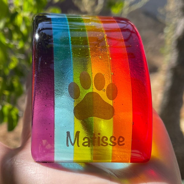 Personalisierte geschmolzene Glas Regenbogen Brücke Haustier Gedenkstätte Sympathie Geschenk, Pfotenabdruck Erinnerung Andenken, Hund, Katze (Mini-Größe)