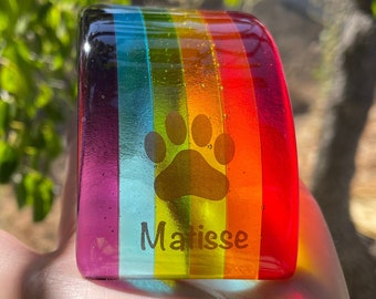 Personalizable Fused Glass Rainbow Bridge Pet Memorial Sympathy Gift, Paw Print Remembrance Keepsake, Dog, Cat (Mini size)