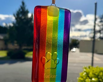 Personalized Fused Glass Paw Print Sun Catcher, Rainbow Bridge Pet Memorial Keepsake Gift