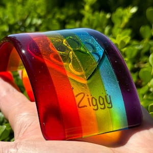 Personalizable Fused Glass Pet Memorial Rainbow Bridge | Paw in Heart Imprint Sympathy Gift,  | Remembrance Keepsake | Dog | Cat (Mini)