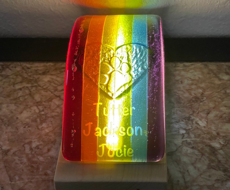 Puede incluir: Placa de vidrio rectangular con los colores del arco&iacute;ris, con un dise&ntilde;o de huella en forma de coraz&oacute;n. Los nombres "Tutter", "Jackson" y "Jocie" est&aacute;n grabados debajo. La placa est&aacute; montada sobre una base de madera.