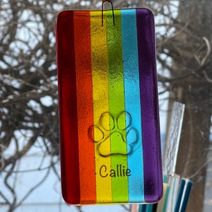 Personalized Pet Memorial Paw Imprint Rectangular Fused Glass Rainbow Bridge Hanging Sun Catcher, Remembrance Keepsake Gift