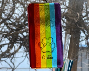 Personalized Pet Memorial Paw Imprint Rectangular Fused Glass Rainbow Bridge Hanging Sun Catcher, Remembrance Keepsake Gift