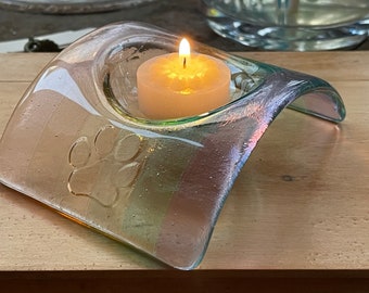 Pastel Rainbow Candle Bridge Paw Imprint Pet Memorial Gift, Fused Glass Remembrance Keepsake (small)