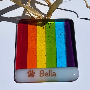 Personalized Pet Memorial Fused Glass Heavenly Rainbow Hanging Sun Catcher, Ornament, Remembrance Keepsake Gift for Dog Cat (Mini)