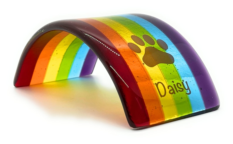 Kiln-formed smooth transparent rainbow striped glass arch pet rainbow bridge pet memorial with pet name and paw print graphic fused on surface. Mini size