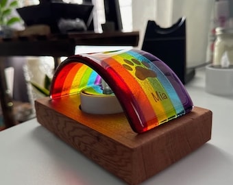 Personalized Fused Glass Rainbow Bridge Pet Memorial Solar Flickering Votive Tea Light LED Night Light with Exotic Solid Wood Base (Mini)