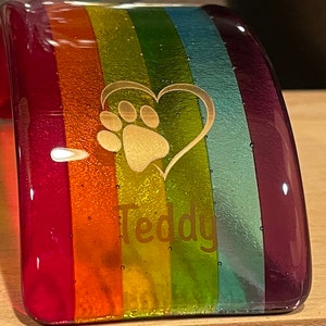 Personalizable Fused Glass Pet Memorial Rainbow Bridge Gold Paw Print in Heart, Remembrance Keepsake, Sympathy Gift, Dog, Cat (Mini)