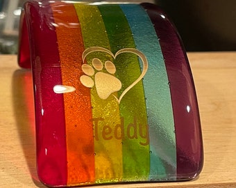 Personalizable Fused Glass Pet Memorial Rainbow Bridge Gold Paw Print in Heart, Remembrance Keepsake, Sympathy Gift, Dog, Cat (Mini)