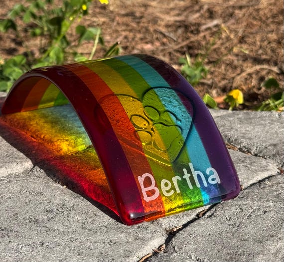 Pet Memorial Rainbow Bridge Fused Glass Sun Catcher Textured Heart with Paw Imprint Design, Remembrance Keepsake Gift (Medium size)