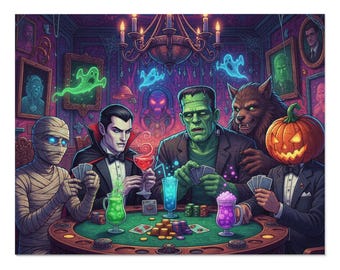 May include: A colorful illustration depicts classic Halloween monsters playing poker in a dimly lit room. The characters include a mummy, Dracula, Frankenstein's monster, a werewolf, and a pumpkin-headed figure. The poker table is green, and the room is decorated with portraits and glowing ghosts.