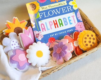 Felt Flowers, Book and Plush Set, Toddler Book Gift, Flower Nature Study, Alphabet Letters