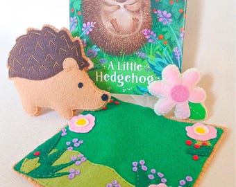 Felt Hedgehog, Forest Animal, Felt Garden Playscape, Book and Plush Set, Woodland Playmat