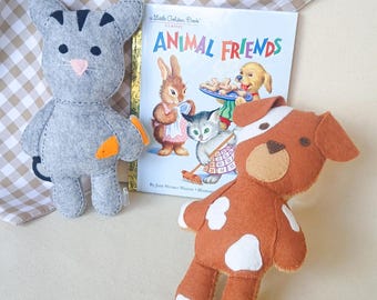 Woodland Animals, Book and Plush Set, Handmade Felt Dog and Cat