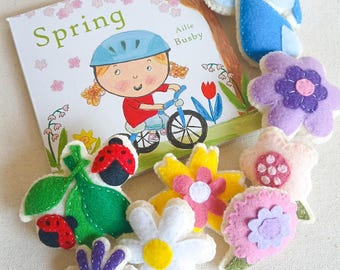 Spring Book and Felt Play Set, Montessori Nature Toys, Handmade Flowers, Ladybug