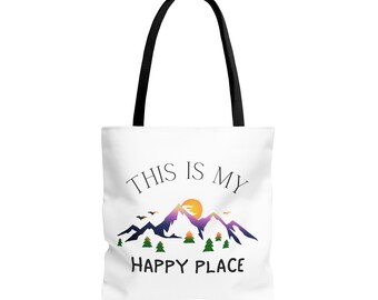 This is My Happy Place Tote Bag, Bear Tote Bag, Nature Tote Bag, Bear in Nature, Mountains, Sunset, Sunset over mountains