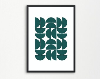 Può includere: Una stampa incorniciata con un design geometrico di semicerchi blu-verde disposti in un motivo ripetitivo.