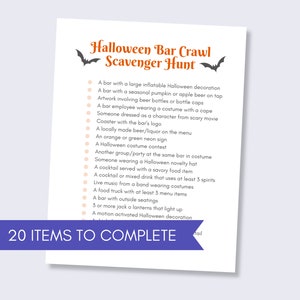Può includere: Un elenco di controllo stampabile per una caccia al tesoro di bar crawl di Halloween. L'elenco include 20 oggetti da trovare, come un bar con una grande decorazione gonfiabile di Halloween, un dipendente del bar che indossa un costume con un mantello e un cocktail servito con uno spuntino salato.