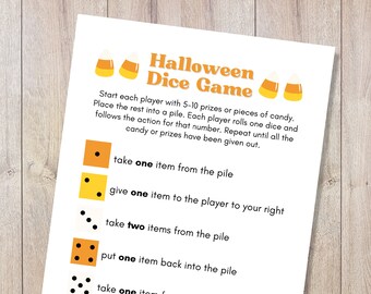 Pode incluir: Um jogo de dados de Halloween imprimível com instruções em um fundo branco. O jogo usa o milho doce como tema e tem uma lista de ações a serem tomadas com base no número rolado em um dado.