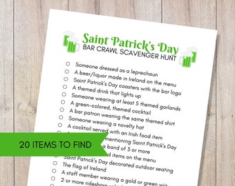 Saint Patrick's Day Bar Crawl Scavenger Hunt, Group Scavenger Hunt for Adults, Adult Party Game, Drinking Game