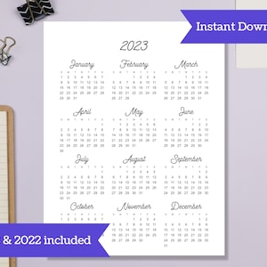 Year at a Glance Printable Calendar, 2022 & 2023, Instant Download, Print at Home, Sunday Start, A4 / Letter Sized