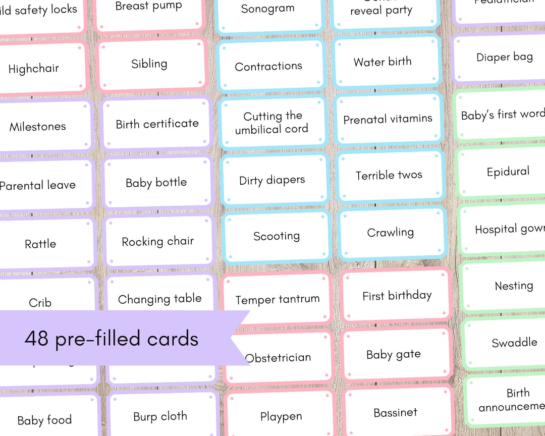 Baby Shower Charades, 48 Baby Themed Charades Cards, 12 Blank Cards