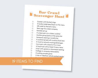 Bar Crawl Scavenger Hunt, Group Scavenger Hunt for Adults, Instant Download, Print at Home, 8.5 x 11 / Letter Sized