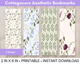 Cottagecore Aesthetic Bookmarks, Bookish Gift, Pressed Flower, Botanical, Set of 4, Instant Download Printable, 2 in x 6 in Size