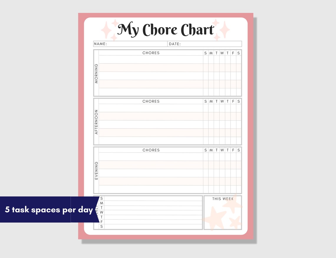 Adult Chore Chart Printable, One Page Chore Chart, Daily &amp; Weekly Chore ...