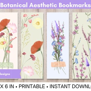 Könnte beinhalten: Vier druckbare Lesezeichen-Designs mit botanischen Illustrationen. Die Designs beinhalten einen Strauß lila Blumen, eine Gruppe von rosa und roten Blumen, einen Strauß blauer Blumen und eine Gruppe von rosa und roten Blumen mit einer gelben Blume.