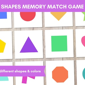 May include: A set of 12 memory match game cards featuring different shapes and colors. The shapes include a rectangle, circle, diamond, star, pentagon, triangle, square, heart, octagon, and a donut shape. The colors include blue, red, orange, green, yellow, purple, pink, teal, and turquoise.