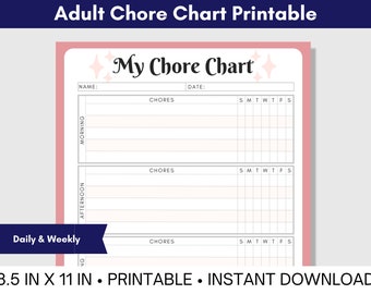 Adult Chore Chart Printable, One Page Chore Chart, Daily & Weekly Chore Chart, Responsibility Planner, 8.5 in x 11 in / Letter Sized