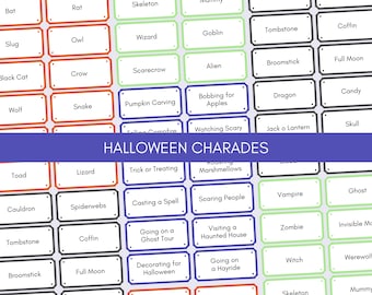 May include: A printable Halloween charades game with a blue banner that says "Halloween Charades". The game includes 36 cards with various Halloween-themed words, such as "bat", "skeleton", "ghost", "vampire", "witch", "zombie", "trick or treating", "pumpkin carving", "bobbing for apples", "going on a hayride", and "decorating for Halloween".